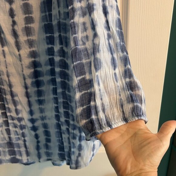 Blue Tie-Dye Gauzy Women's Top Blouse 2X Plus Size Fred David 3/4 Sleeves - Picture 3 of 8